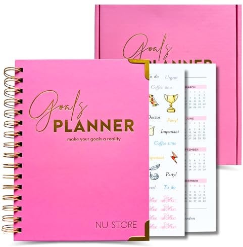 Modern Daily Planer 2024-2025, Hardcover undated Calendar with notes, Year Goal & Vision, Planner, Monthly/Weekly Column View Agenda Organizer with tabs, A5 5.5' X 8.5', Pink with Spiral Binding plus