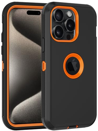 for iPhone 15 Pro Max Case, with Built in Screen Protector Heavy Duty Drop Protection, Full Body Rugged Shockproof Dust Proof Protective Phone Cover for Apple iPhone 15 Pro Max 6.7” Black/Orange