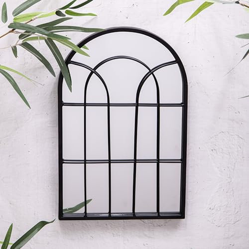 Black Metal Arched Window Style Garden or Home Wall Mirror 30cms