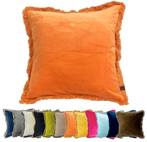 Ragged Rose Felicity Fringe Velvet Cushion Cover - 50cm x 50cm Covers with Zip-Fastening - Living Room & Bedroom Accessories - Orange