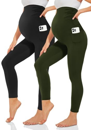TNNZEET Umstandsleggings Damen Umstandsmode Blickdicht Schwangerschaft Leggings Umstandshose Lang mit Taschen für Yoga(Schwarz/Armee Grün,XL)