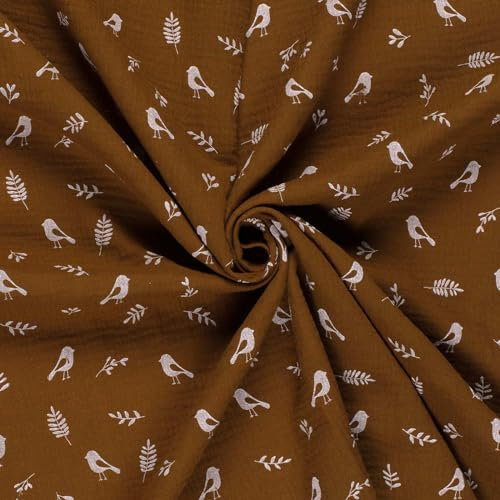 Musselin-Stoff Vögel ab 50x130cm 15 Farben Oeko-Tex Double Gauze Windeltuch Mulltuch, Farbe:055 - braun