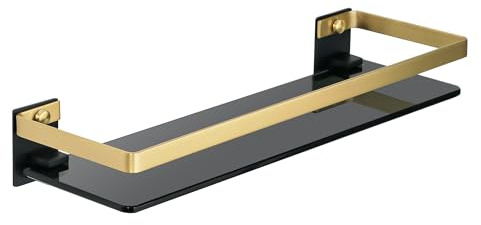 SAYAYO Black Tempered Glass Shelf Bathroom Shelf Wall Mounted 38CM | SUS304 Stainless Steel Brushed Gold Rail, Shower Storage Shelves