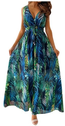 Générique Robe Longue Boheme Robe Sexy À Bretelles Fendue Dos Nu Robe Française Élégante Et Haut De Gamme Robe De Plage Imprimée D'Été, Vert, XL