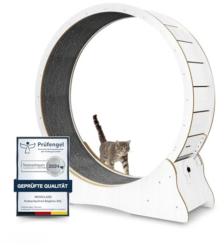 noviclass® Katzenlaufrad Baghira Groß XXL | 132cm Durchmesser Artgerecht für große Katzen | Kratzfest, stabil und leise | Gratis Spielzeug und E-Book | Geprüfte Qualität (Weiß)