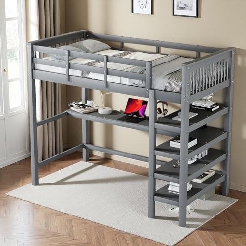 Sapgaks Etagenbett mit Aufbewahrungsfächern und Schreibtisch, Einzelbett 90 x 200 cm, Etagenbett, Kinderbett mit hohem Geländer, Juniorbett, grau