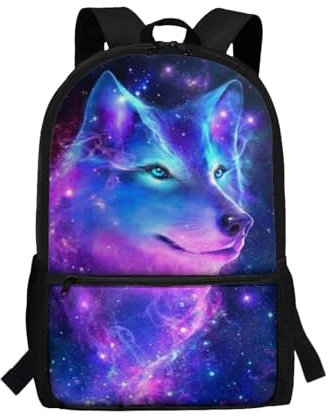Showudesigns Schultasche für Jungen und Mädchen, 8–12, Mittelschulrucksack mit Seitentasche, Galaxy Wolf 2, Einheitsgröße