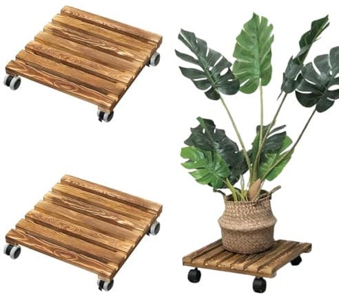 2 Pcs Support À Plantes en Bois Avec Roulettes Support À Plantes Roulant Robuste 25cm Porte Plante Convient pour le Transport de Pots de Fleurs, Marron, Carré