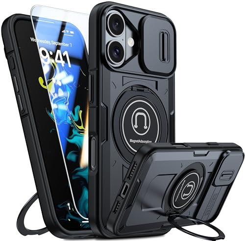 GOLDJU for iPhone 16 Case - with Built-in Slide Camera Cover & Rotatable Kickstand Ring [1 * Screen Protector] Rugged Military Heavy Duty Shockproof Protective Case for iPhone 16 - Black