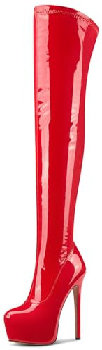 NobleOnly Donna Alto High Spillo Tacco Heel Rotonda Punta Piattaforma Sopra il Ginocchio Stivali Cerniera Ballo Feste Stivali 15 CM Heels Rosso 40 EU