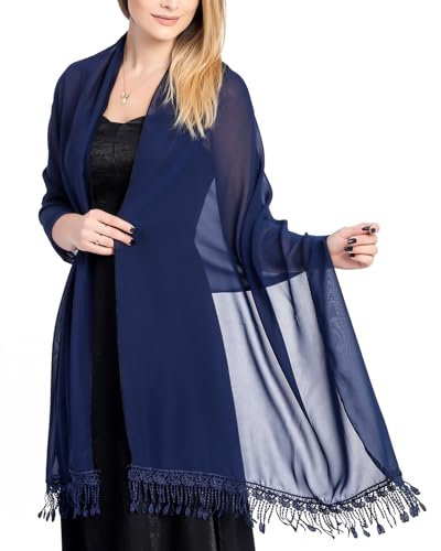 Atxnn Damen Schal Chiffon Stola mit Quasten Sommer Halstuch für Abendkleid Hochzeit Party Elegante Sheer Tücher Schultertuch Leichter Scarf, NAVY BLAU