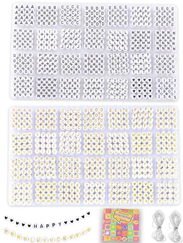 SJZWSD 2000+ Stücke Buchstaben Perlen, 2 Box Set Alphabet Perlen für Armbänder, Runde Zahl & Herz Perlen, 5M Elastische Schnur Schmuck Bastelset, Ideal für Freundschaftsarmbänder (Schwarz + Gold)