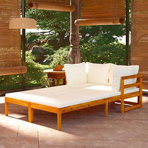 IKAYAA Garten Liege, Relax Sonnenliege, Liege Garten, Balkon Liege, Strandkorb, Liegestuhl, Garten Liegestuhl, Sonnenliegen mit Cremeweißen Kissen 2 STK. Akazienholz
