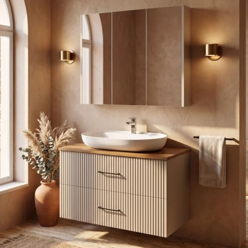 KAREN banyo Badmöbel-Set Liana Pastellbraun & Walnuss – Konsolenwaschtisch mit ovalem Aufsatzwaschbecken, Spiegelschrank, Riffeloptik mit Bügelgriffen, Soft-Close (100 Konsole Walnuss)