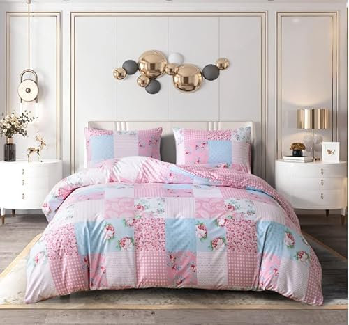 PRIME LINENS Duvet Cover Set 3 Pcs Polyester-Cotton Quilt Cover Bedding Set With Pillow Cases and Extra Fitted Sheet Included (Floral Pink, Single 3 Piece)