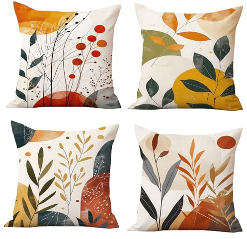 Habodd Herbst Kissenbezug Boho Samt 45x45 cm 4er Set Morandi Abstraktes Kissenhülle für Sofa Couch Garten Balkon Bett Blatt Pflanze Sonne Berg Geometrisch Sofa Kissen Bezug Bunt Dekokissen Outdoor