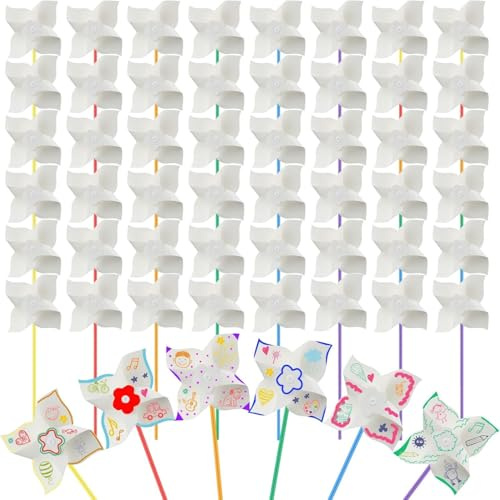 ZHRUOYAO 50 PCS Novelty DIY Pinwheels Craft,Color Your Own White Pinwheels, Bulk Summer Spring Easter Craft Kit, Arts and Craft Party Activity, Easter Basket Stuffers（6 Inches）