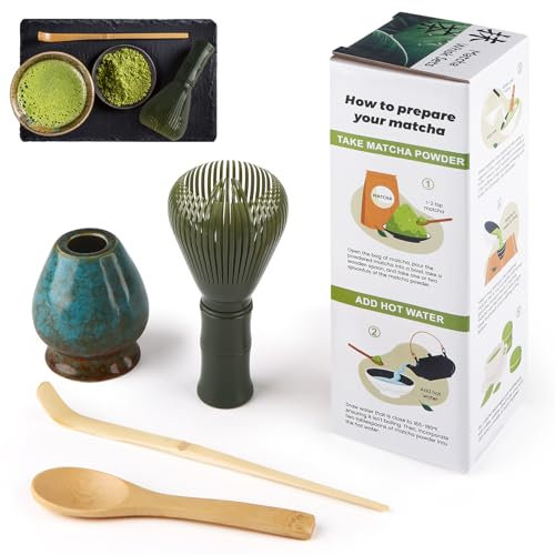 4 Piece Matcha Kit, Matcha Whisk, Macha Tea Set with Matcha Spoon, Whisk Holder, Bamboo Matcha Whisk, Matcha Accessories Traditional Japanese Tea Ceremony Best Gift for Matcha Lovers, Gradient Blue
