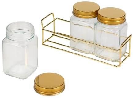 Tala Set of 3 Glass Storage Jars 260ml with Gold Lids & Gold Rack, Airtight Kitchen Jars for Herbs, Spices, Condiments, Chutneys, Tea & Coffee, Elegant Countertop Storage Solution