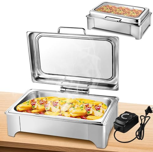 VFDZ Scaldavivande Elettrico Professionale 9L, Temperatura Regolabile (1/1) | Chafing Dish Elettrico Acciaio Inox, Scaldavivande Elettrico Ristorante con Coperchio Trasparente per Catering, Party