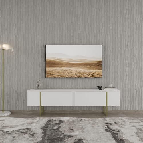 Smart Home Art TV-Lowboard 180 cm mit Metallfuessen (30 cm tief) – TV-Schrank in Weiss Matt mit 2 Tueren, Stauraum & Kabelmanagement