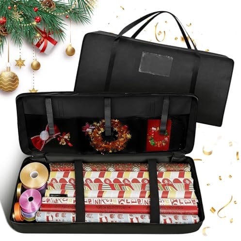 Geschenkpapier Aufbewahrung,82 x 13 x 34 cm,600D Oxford Stoff | Geschenkpapier Organizer, mit Netzbeutel und Kartenbeutel, Schwarz