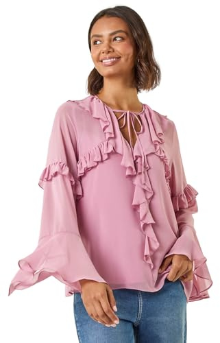 Roman Originals Ruffle Front V-Neck Satin Blouse for Women UK - Ladies Everyday Autumn Winter V-Neckline Comfy Soft Evening Vacation Work Party Night Out - Lavender - Size 16