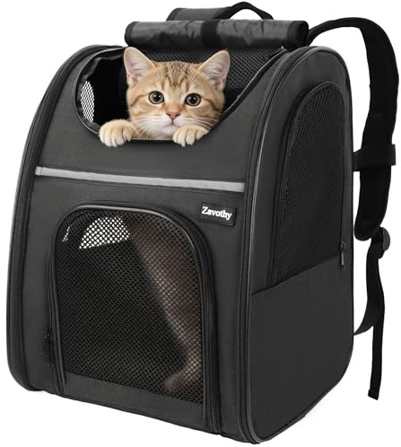 Zavothy Sac à Dos Transport pour Chat et Chien, Portable et Pliable, avec Fenêtre en Maille et Support Dorsal Rembourré, Respirant, Charge Maximale 8 kg (Noir)