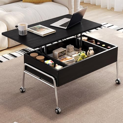 Guyii Couchtisch höhenverstellbar mit Stauraum, multifunktionaler Wohnzimmertisch höhenverstellbar, Lift-Top Couchtisch mit Fächern und Rollen, moderner Tisch für Wohnzimmer