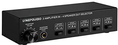 Fesjoy Passive 2 in 4 Out Speaker Selector Switch Box with Volume Control Banana Jack for Multiple Rooms, Ideal for Home Entertainment System Metal/Black/6.5mm Earphone Jack
