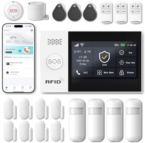 XUK Home Security Systems, No Monthly Fee, 4.3 Touchscreen Wireless Alarm System with Motion Sensor, Door/Window Sensor & Remote Control, Works with Smart Life, Tuya App & Alexa (Set of 21)