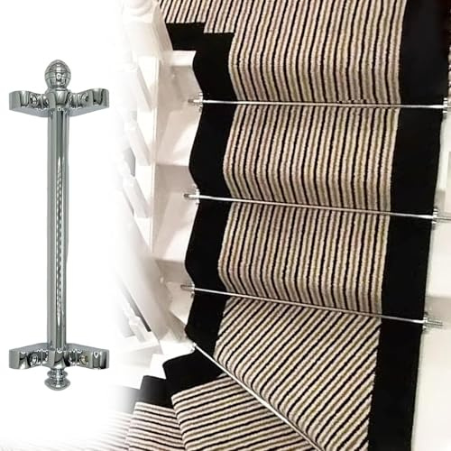 Barres de fixation pour tapis d'escalier plaquées polies, barres de fixation argentées brillantes en laiton, barres d'escalier avec embout sphérique et supports, faciles à ins,Silver-12pcs-122cm(48in)