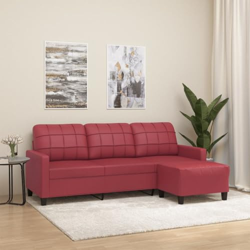 CKioict 3-Sitzer-Sofa mit Hocker in Weinrot, 180 cm Breite, Kunstleder Bezug für Wohnzimmer, Langlebiges und Schmutzabweisendes Sofa-Set mit Robustem Gestell und Bequemer Polsterung,