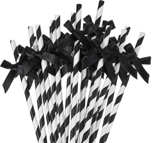 30Pcs Black Paper Straws for Drinking, Cute Black Bow Party Straws Bulk for Juice Coffee Tea Cocktail Milkshake