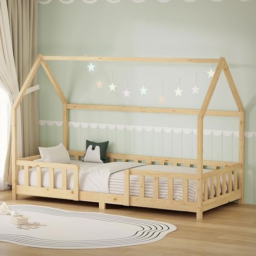 ML-Design Kinderbett Hausbett 90x200 cm mit Rausfallschutz, Dach & Lattenrost, Natur, Bettgestell aus massivem Kiefernholz, Montessori Bodenbett, Holzbett für Mädchen & Jungen, Jugendbett, Einzelbett