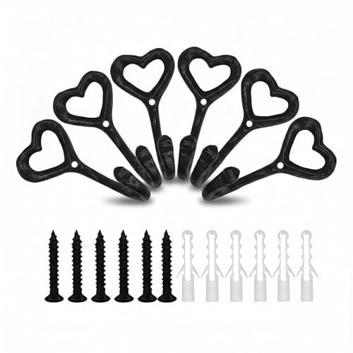 Love Heart Cast Iron Coat Hooks, Black Wall Hooks Rustic Vintage Heavy Duty Metal Wall Mounted for Hanging Coats Hats Bags Towels, Decorative Iron Hooks with Screws, Set of 6, for Entryway Bathroom