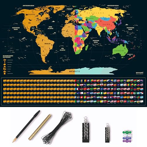 envami® Weltkarte zum Rubbeln XXL mit Zubehör I Deutsch I 80x60cm I Made in Germany I Rubbel Weltkarte I Scratch Off Map I Landkarte zum Freirubbeln I Rubbelkarte