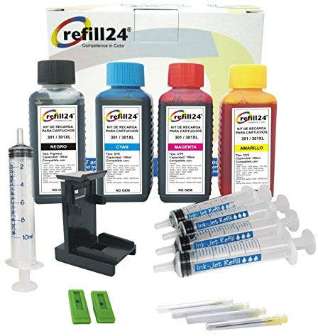 refill24 Nachfüllset: Nachfülltinte 400 ml kompatibel für Druckerpatronen HP 301, 301 XL Schwarz und Farbe Multipack + Zubehör + Anleitung, Refillset mit Druckertinte für DeskJet OfficeJet Envy