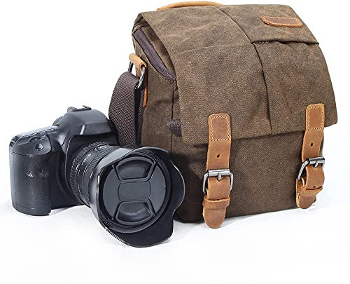 YUHAN Camera Bag, Vintage Canvas Camera Shoulder Bag Waterproof Leather Trim DSLR SLR Shockproof Camera Messenger Bag Brown