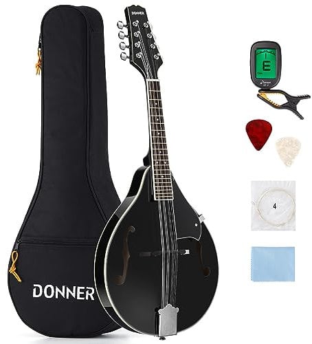 Donner Mandolina Instrumento en Caoba Mandolina Musical 8 Cuerdas Estilo A Set Mandolinas Tradicional con Afinador Cuerdas Funda y Púas (Negro, DML-100B)