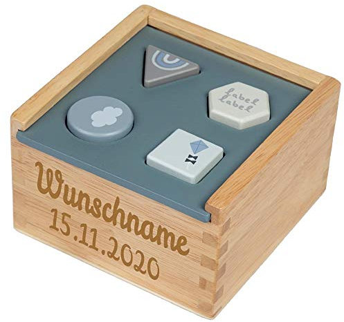 Elefantasie Formenspiel Sortierbox aus Holz blau personalisierbar mit Name und Datum Baby Geschenk mit Gravur