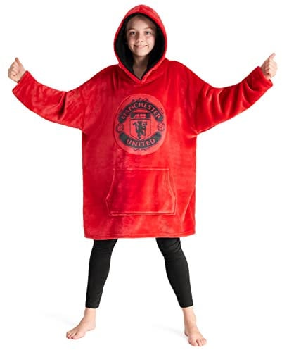 Manchester United F.C. Boys Oversized Fleece Hoodie, Hooded Poncho, Cosy Loungewear - Gifts for Boys (Red)