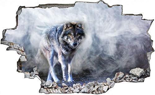 3D Wandtattoo Mauerloch Wandsticker Wandaufkleber Durchbruch selbstklebend Schlafzimmer Wohnzimmer Kinderzimmer,Wolf Natur Tier Wildness,Größe: 60x90cm