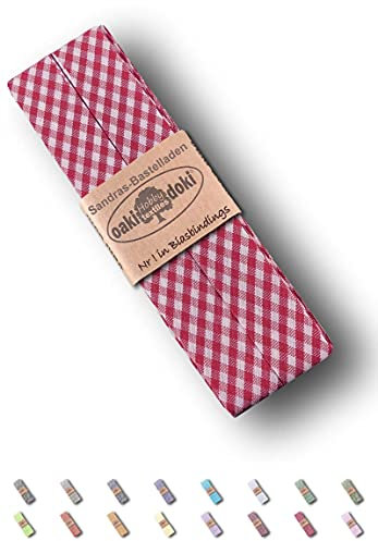 Sandras-Bastelladen Schrägband/Einfassband Baumwolle gefalzt 3m x 20mm - Vichy/Karo Muster 5015-Pink-Weiß