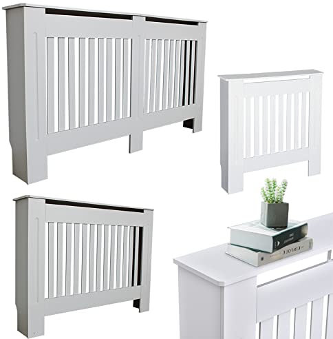 Large Tall Radiator Cover with Vertical Style Slats, Modern Home Cabinet Living Room Furniture MDF Wooden Heating Storage Grill White Painted Hallway Radiator Cover Sideboard, 152cm x 19cm x 82cm