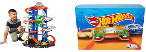 Hot Wheels GJL14 City Robo T Rex Megacity Parkgarage mit Spielzeug Dinosaurier inkl. 2 Spielzeugautos & DXY59 20er Pack 1:64 Die-Cast Fahrzeuge Geschenkset, je 20 Spielzeugautos