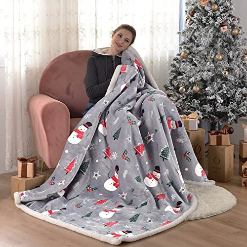 SOCHOW Sherpa Fleece Weihnachten Wohndecken Kuscheldecken, weiche und warme, Schneemann und Schneeflocke Gemustert Plüschdecke für Bett, Sofa und Couch, 150 x 200 cm, grau