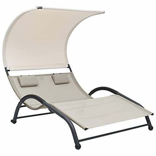 Chenshu Doppel-Sonnenliege mit Sonnendach, Gartenliege, Liegestuhl, Sonnenstuhl, Sonneninsel Outdoor, Liegen, Gartenmöbel, Bäderliege, Relaxliege, Textilene Creme