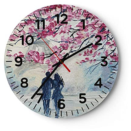 Modern Wanduhr Paar Paris Baum 40x40cm Rund Groß Wand Uhr Glas Analog Zimmeruhren Küche Büro Wohnzimmer Glasuhr Wall Clock Dekoration Design Wanddekoration Küchenuhr C4AR40x40-4211