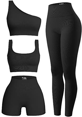 OQQ Damen 4 Stück Outfits Gerippte Übung U-Ausschnitt Sport BH One Shoulder Tops Hohe Taille Shorts Leggings Active Set, Schwarz, Medium